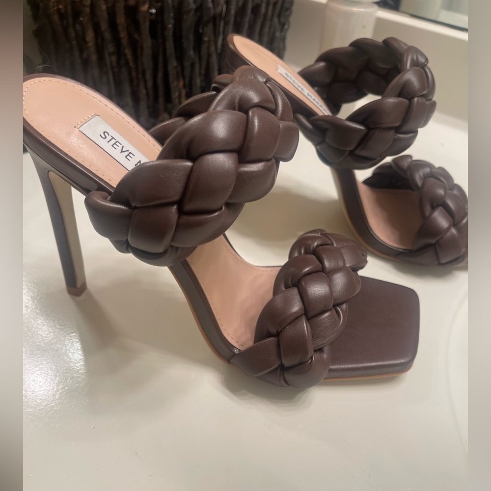 Steve Madden Dark Brown Braided Leather Stiletto Sandals